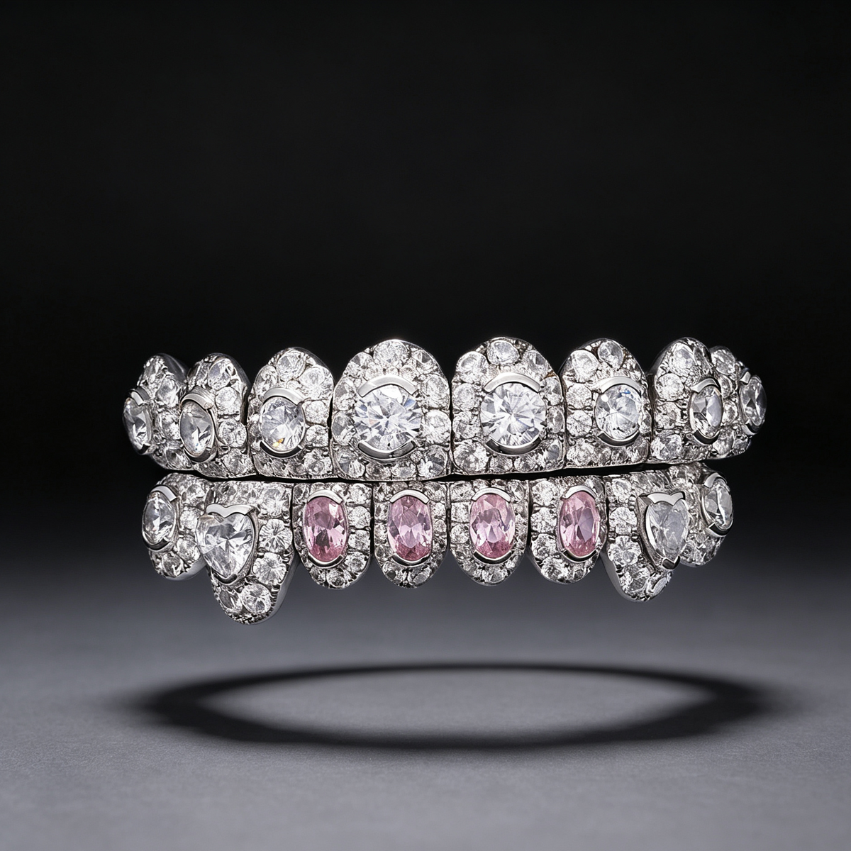 Custom Fancy‑Cut Pink Diamond Fully Iced Hip‑Hop Grillz
