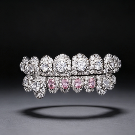 Custom Fancy‑Cut Pink Diamond Fully Iced Hip‑Hop Grillz